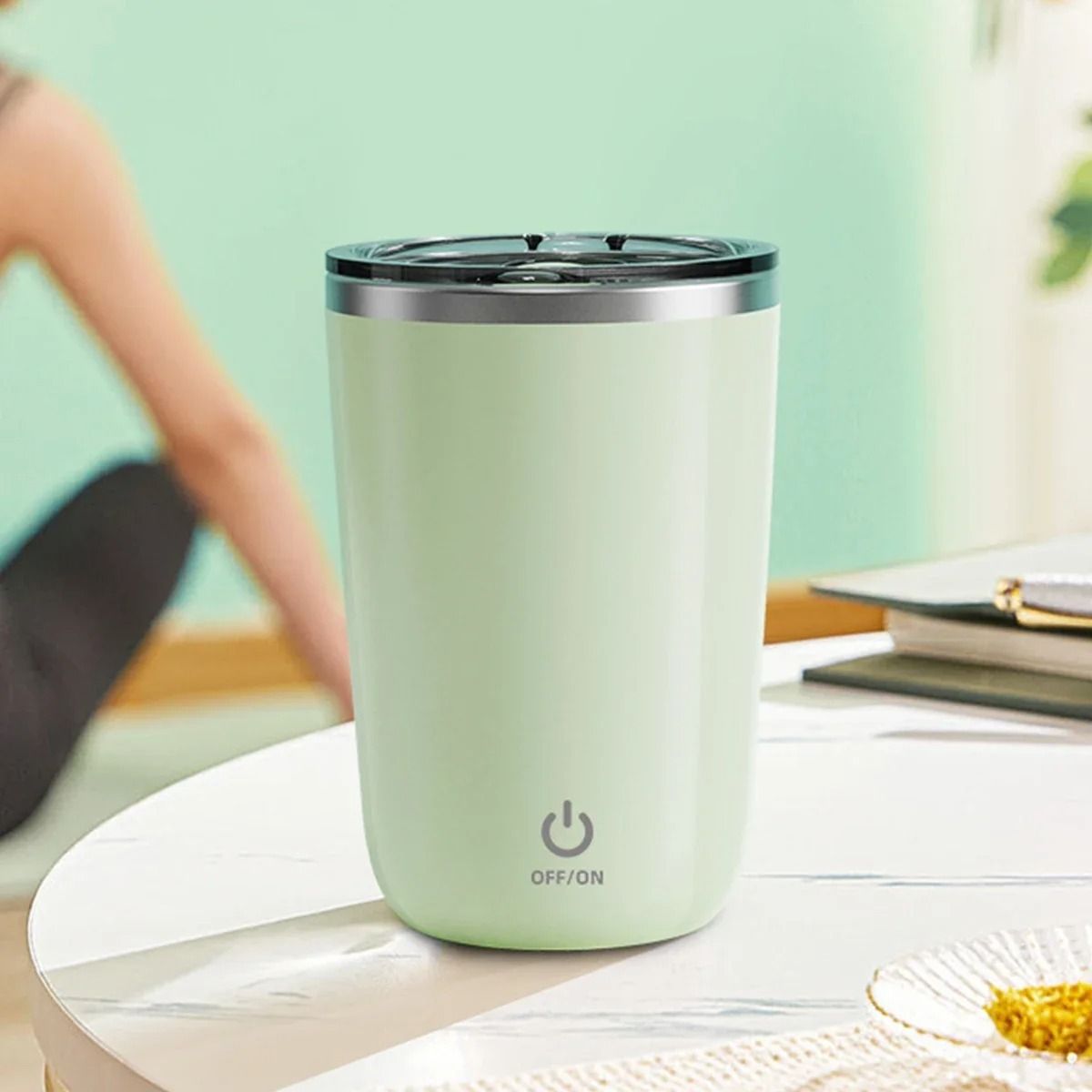 350ml automatic self stirring stainless steel mug with magnetic mixing technology for coffee, milk, juice, and protein shakes.