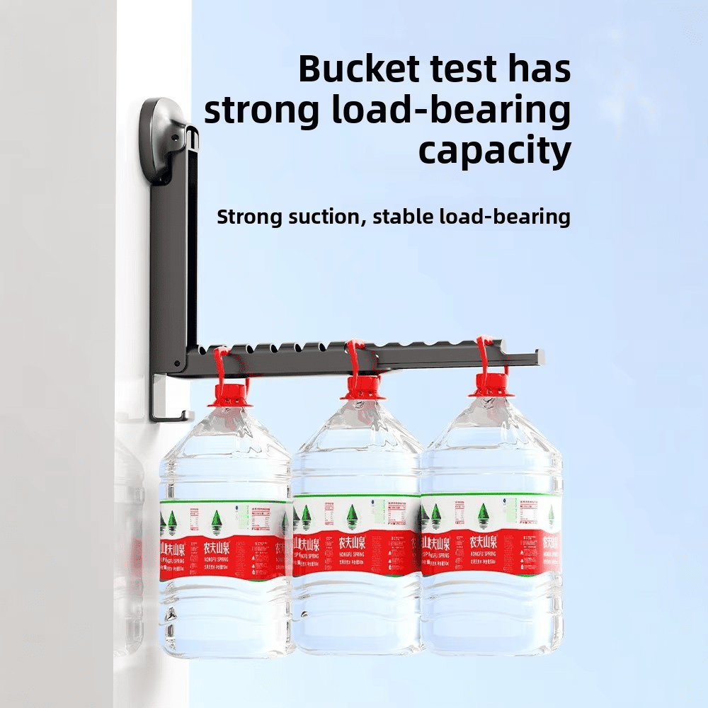 Wall-mounted bottle holder with three water bottles on a light blue background