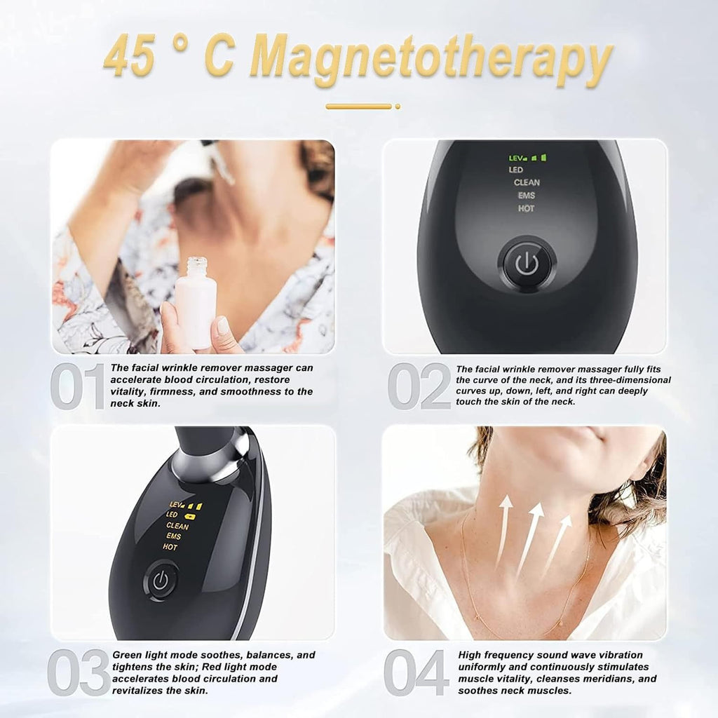 Facial wrinkle remover massager with text on magnetotherapy and usage benefits.