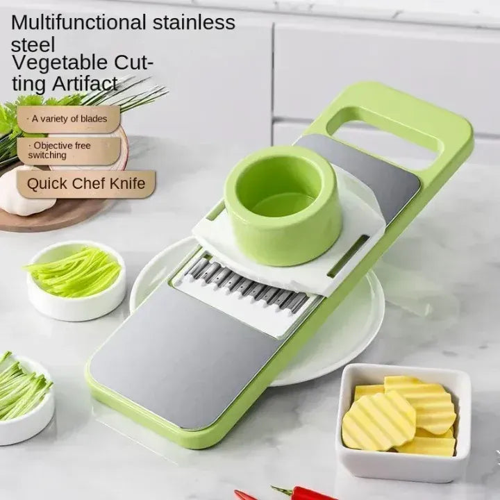 5-in-1 manual food grater with stainless steel interchangeable blades for slicing, shredding, and grating vegetables and fruits.