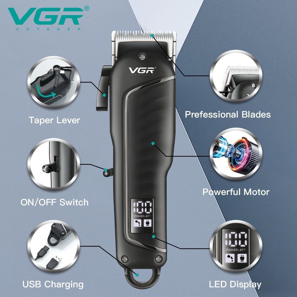 Hair trimmer with features highlighted on a blue background, branded as VGR.
