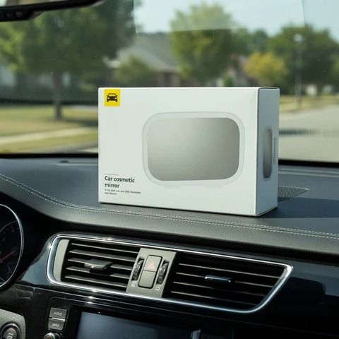 Car cosmetic mirror packaging on a car dashboard with a blurred outdoor background