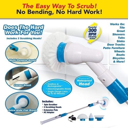 Rechargeable Spin Scrubber – Electric Tile & Bathroom Cleaning Brush with 3 Brush Heads