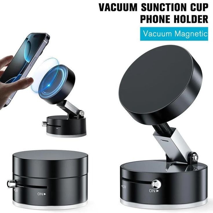 Black vacuum suction cup phone holder with magnetic feature on a white background