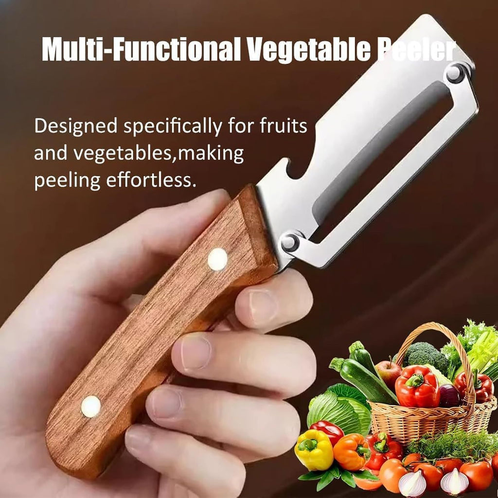 Multi-functional vegetable peeler held by a hand with fruits and vegetables in the background.