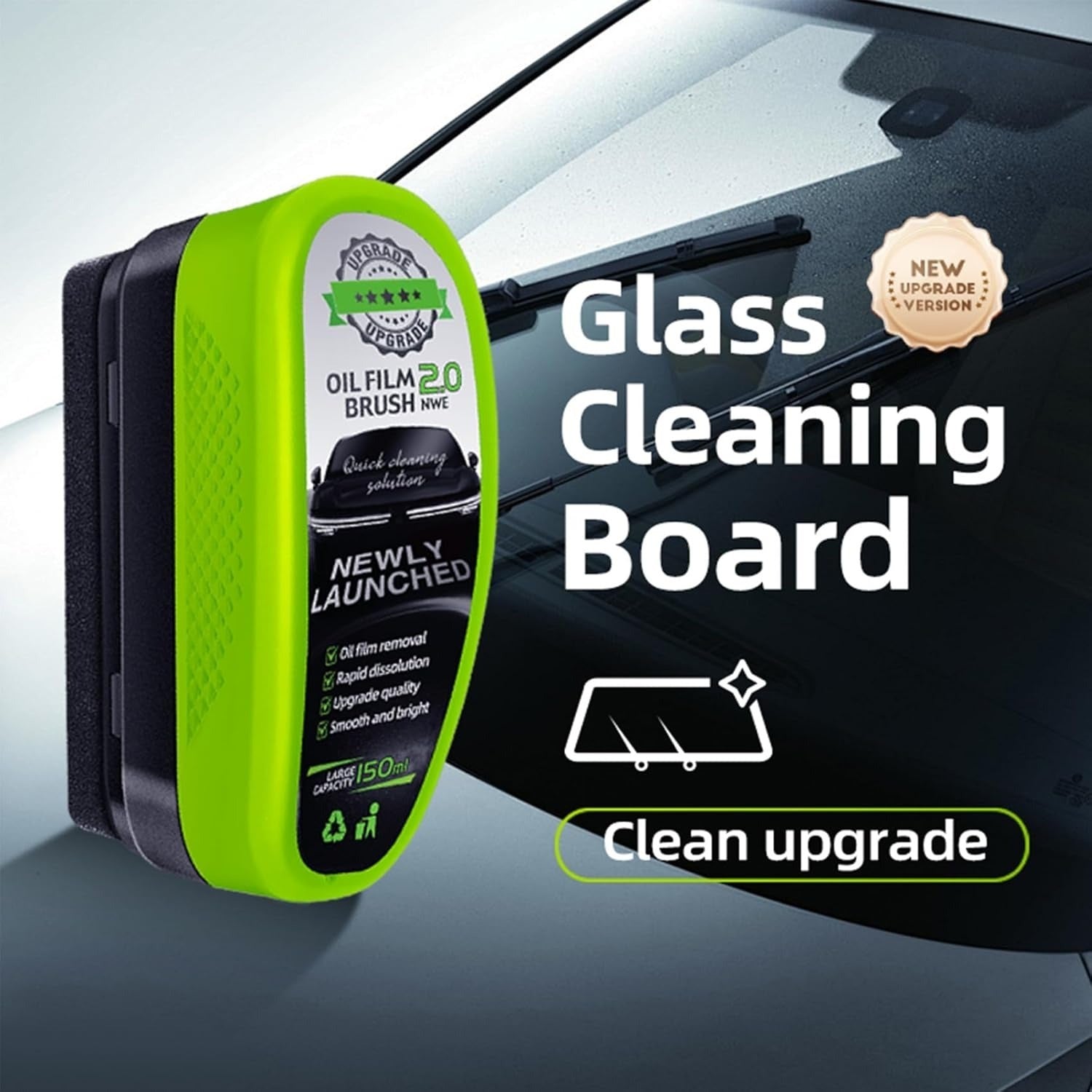 Universal 120ml car glass cleaner with built-in applicator brush for removing oil film, cleaning windshields, mirrors, windows, and providing a water-repellent finish