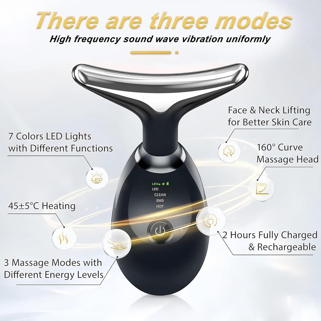 Black and silver neck massage device with text overlays detailing its three modes, LED lights, heating function, and charging time on a light gray background.