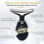 Black and silver neck massage device with text overlays detailing its three modes, LED lights, heating function, and charging time on a light gray background.