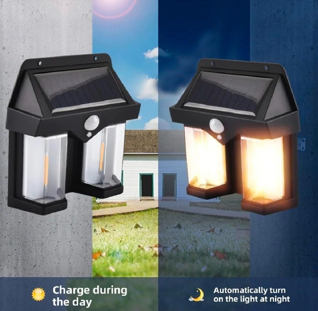 A dual-head solar outdoor wall light shown in a split daylight/darkness comparison. The left side shows the light unlit against a concrete wall with a house background, labeled 'Charge during the day.
