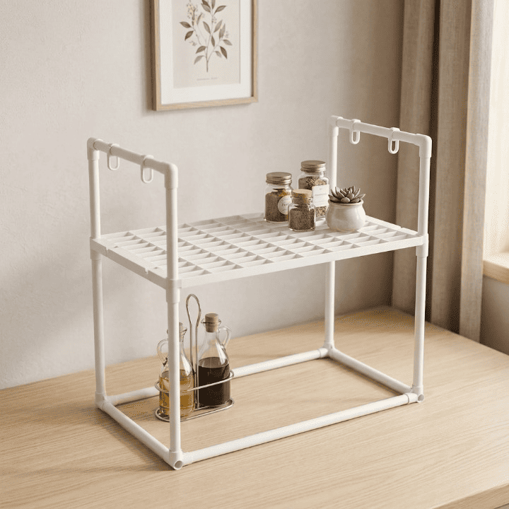 White metal shelf with decorative items on a wooden floor.