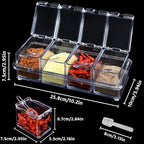 Clear spice container with compartments filled with spices, showing dimensions on a black background.