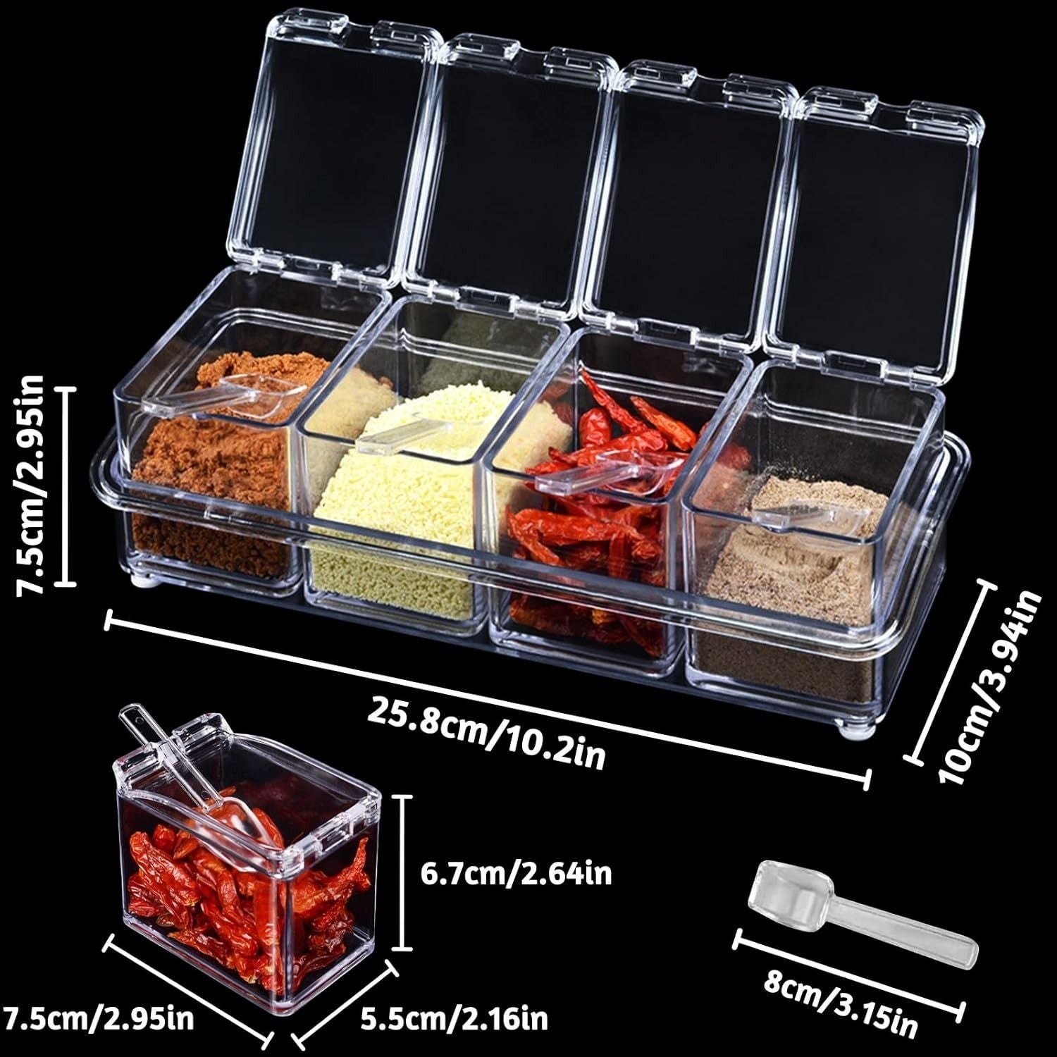 Clear spice container with compartments filled with spices, showing dimensions on a black background.