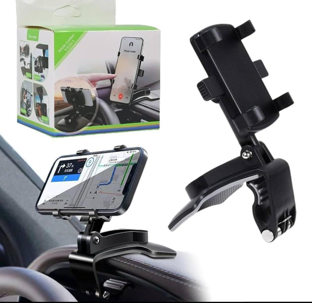 360-degree rotatable ABS car phone holder mounted on dashboard, sun visor, or rear-view mirror for universal smartphone support