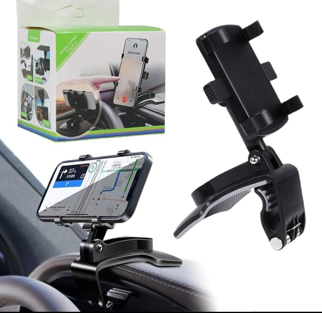 360-degree rotatable ABS car phone holder mounted on dashboard, sun visor, or rear-view mirror for universal smartphone support
