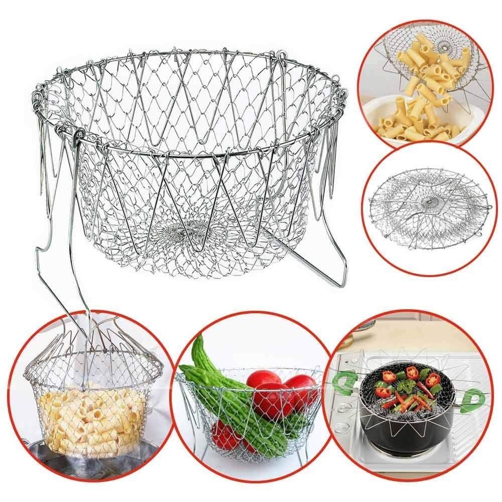 Metal mesh strainer with various uses shown in inset images.