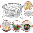 Metal mesh strainer with various uses shown in inset images.