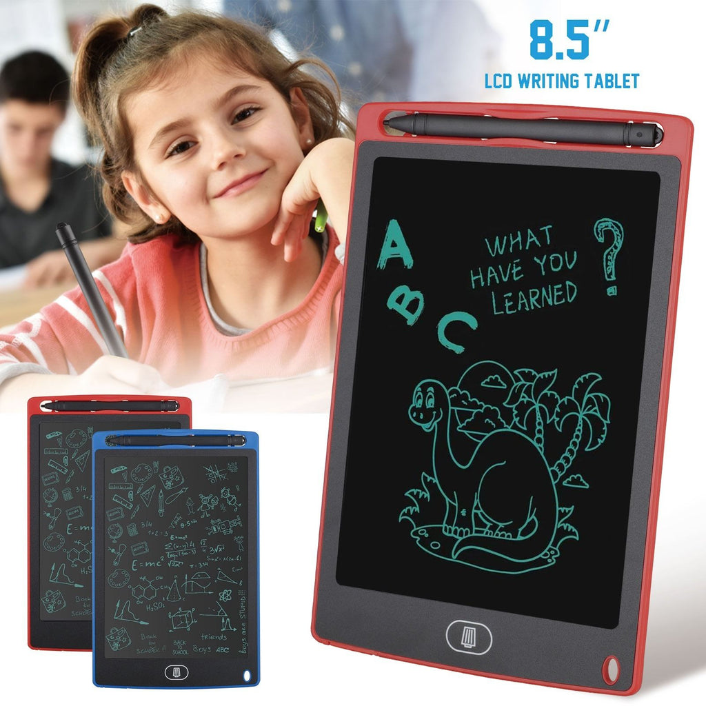 Child using an LCD writing tablet with a dinosaur drawing and text on the screen.