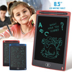 Child using an LCD writing tablet with a dinosaur drawing and text on the screen.