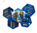 46-piece kids art and painting kit with watercolors, crayons, colored pencils, markers, paintbrush, eraser, and sharpener in a cartoon-themed carrying case