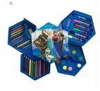 46-piece kids art and painting kit with watercolors, crayons, colored pencils, markers, paintbrush, eraser, and sharpener in a cartoon-themed carrying case