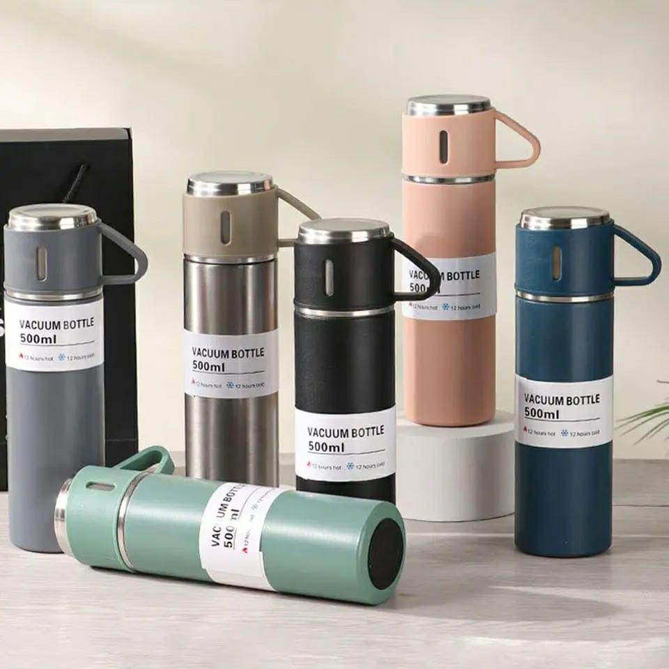 Stainless Steel Vacuum Flask Set 500ml – Insulated Bottle with 2 Cups