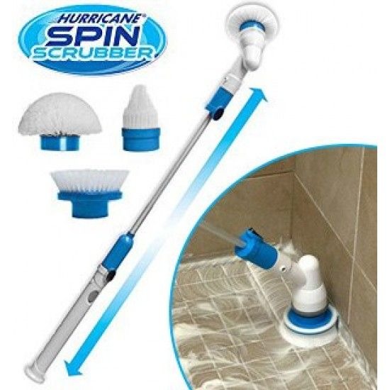 Rechargeable electric spin scrubber with extension handle and three interchangeable brush heads for cleaning bathroom tiles, kitchen, bathtub, grout, and floors