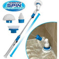 Rechargeable electric spin scrubber with extension handle and three interchangeable brush heads for cleaning bathroom tiles, kitchen, bathtub, grout, and floors