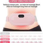 Electromagnetic therapy device on a person's abdomen with vibration mode options displayed.
