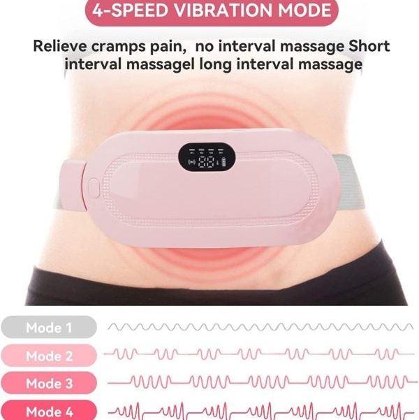 Electromagnetic therapy device on a person's abdomen with vibration mode options displayed.