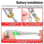 Instructions for battery installation on a pen with step-by-step visual guide.