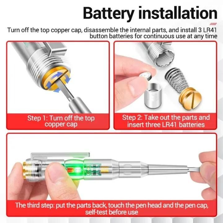 Instructions for battery installation on a pen with step-by-step visual guide.