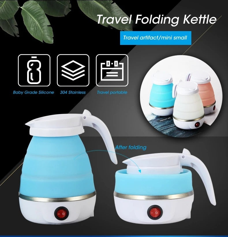 Foldable 600ml portable electric travel kettle made from food-grade silicone for fast boiling water at home, office, hotels, and while traveling