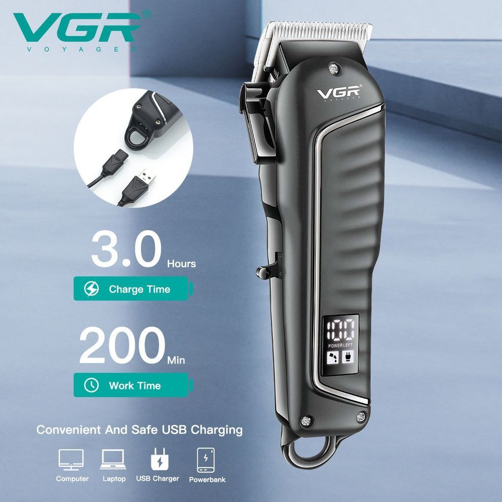 Hair clipper with charging time and work time displayed on a blue background, featuring VGR branding.
