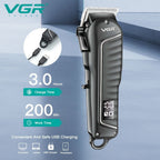 Hair clipper with charging time and work time displayed on a blue background, featuring VGR branding.