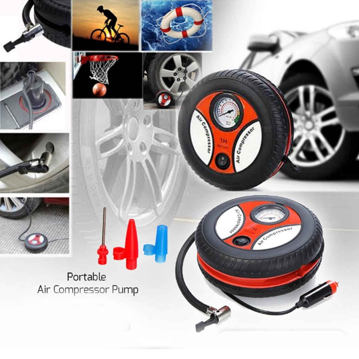 Portable 260 PSI DC 12V electric car air pump tyre inflator compressor for cars, SUVs, trucks, RVs, and motorcycles