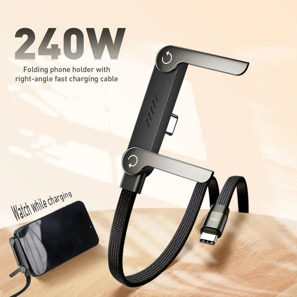 240W USB-C to USB-C fast charging cable with built-in foldable phone stand for charging and data transfer