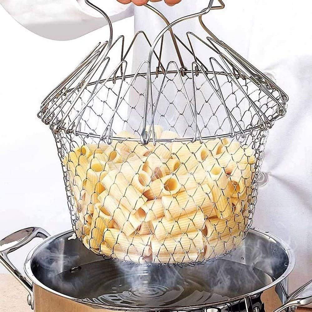 Metal strainer filled with food over a pot on a white background