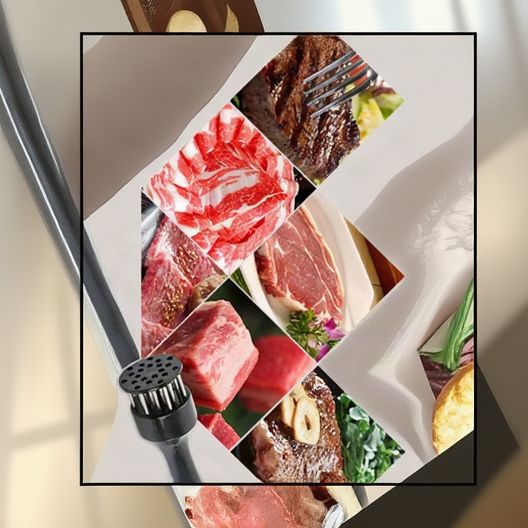 Collage of various meats including steaks, raw meat slices, and a meat tenderizer on a light background.
