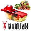 10-in-1 mandoline vegetable slicer with stainless steel blades for slicing, dicing, grating, julienne cutting, and peeling fruits and vegetables