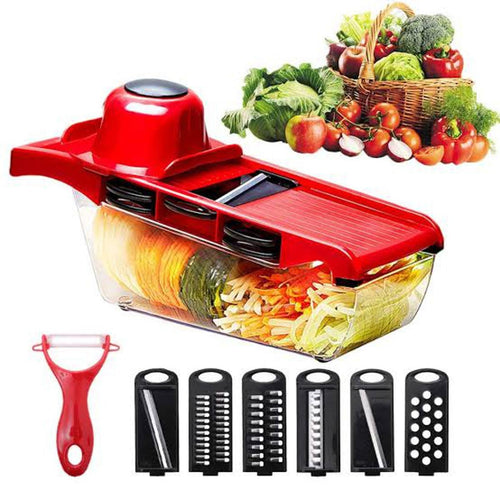 10-in-1 mandoline vegetable slicer with stainless steel blades for slicing, dicing, grating, julienne cutting, and peeling fruits and vegetables