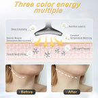 Promotional infographic for a neck lifting device, showing a close-up diagram of the device and skin layers with labeled benefits like deep cleansing, electric muscle stimulation, and LED light therapy. Below, two before-and-after neck photos demonstrate the claimed results.