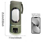 Green portable lantern with dimensions labeled next to a smartphone for scale.