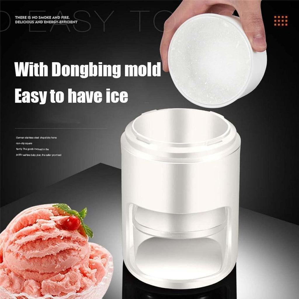 Ice cream maker with a scoop of pink ice cream and text about using Dongbing mold.