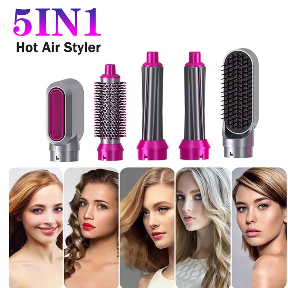 5-in-1 electric hair dryer brush with detachable styling attachments for drying, straightening, curling, and volumizing hair