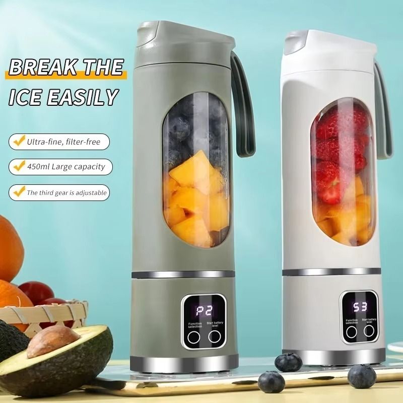 Two portable blenders with fruits inside on a light blue background