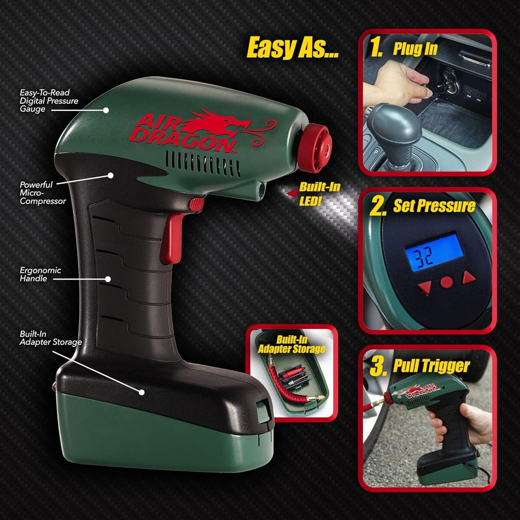 Air Dragon Portable Air Compressor – Digital Tire Inflator with LED Light for Car, Bike & Sports Balls