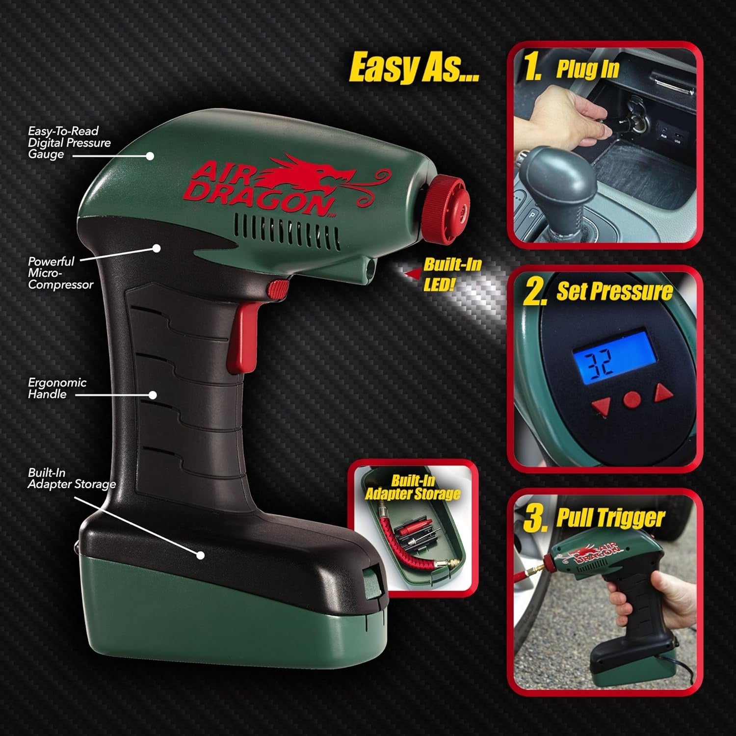 Air Dragon Portable Air Compressor – Digital Tire Inflator with LED Light for Car, Bike & Sports Balls