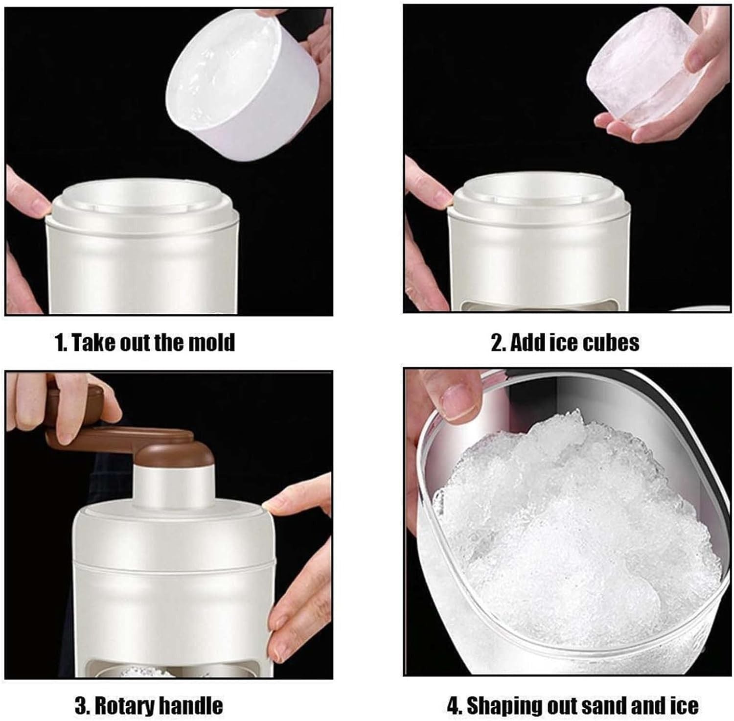 Step-by-step guide on using a sand and ice mold with images of each step.