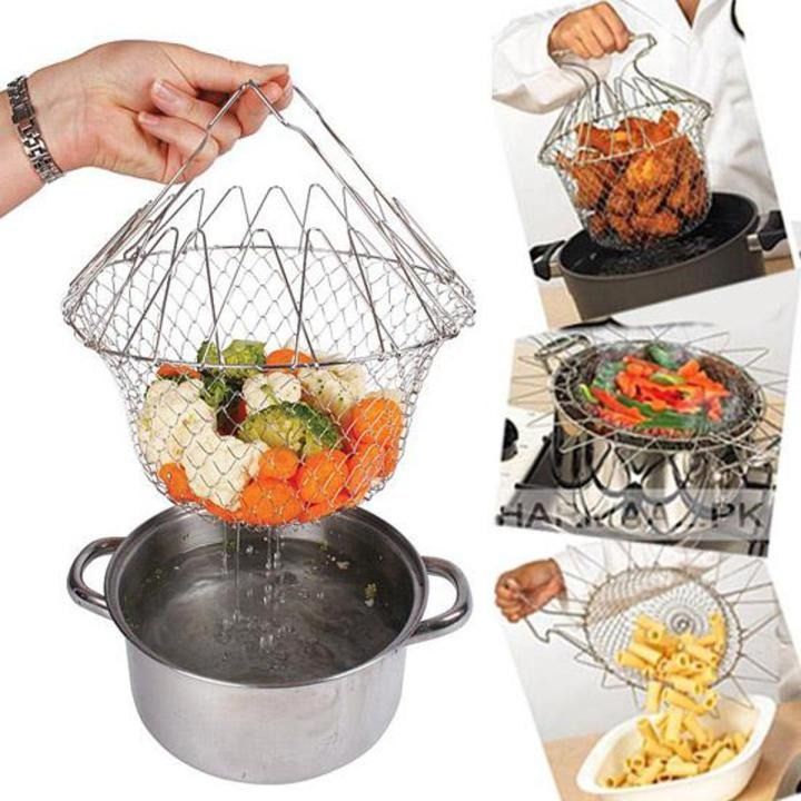 Stainless steel multi-functional foldable chef basket for steaming, frying, boiling, rinsing, and straining food.