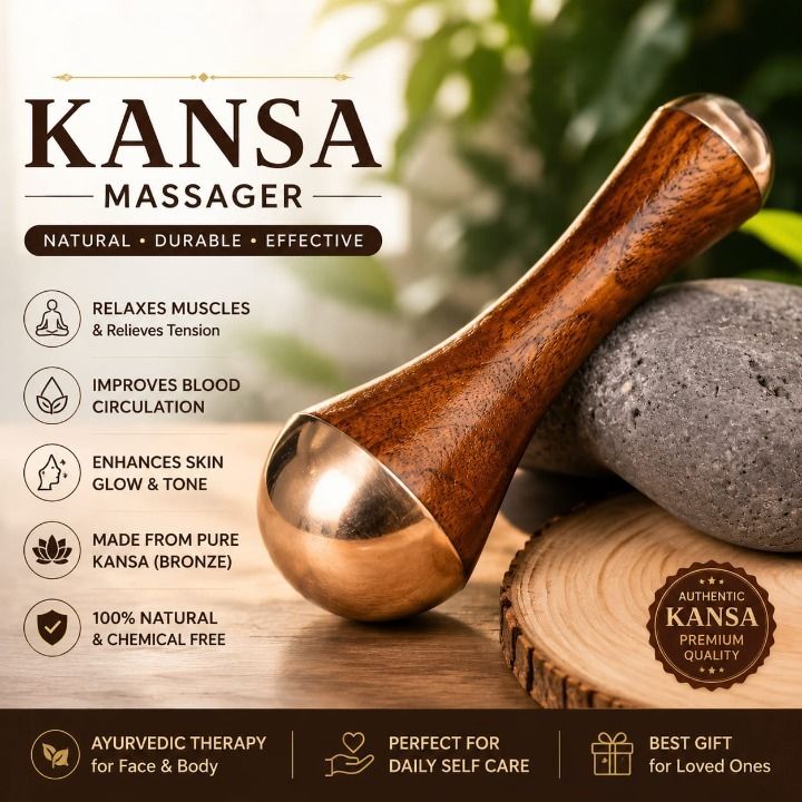 A Kansa wooden massage tool with a polished bronze metal head, displayed on a wooden surface next to a gray stone. The image includes marketing text highlighting the benefits of Kansa massage, such as muscle relaxation, improved circulation, and skin tone enhancement.